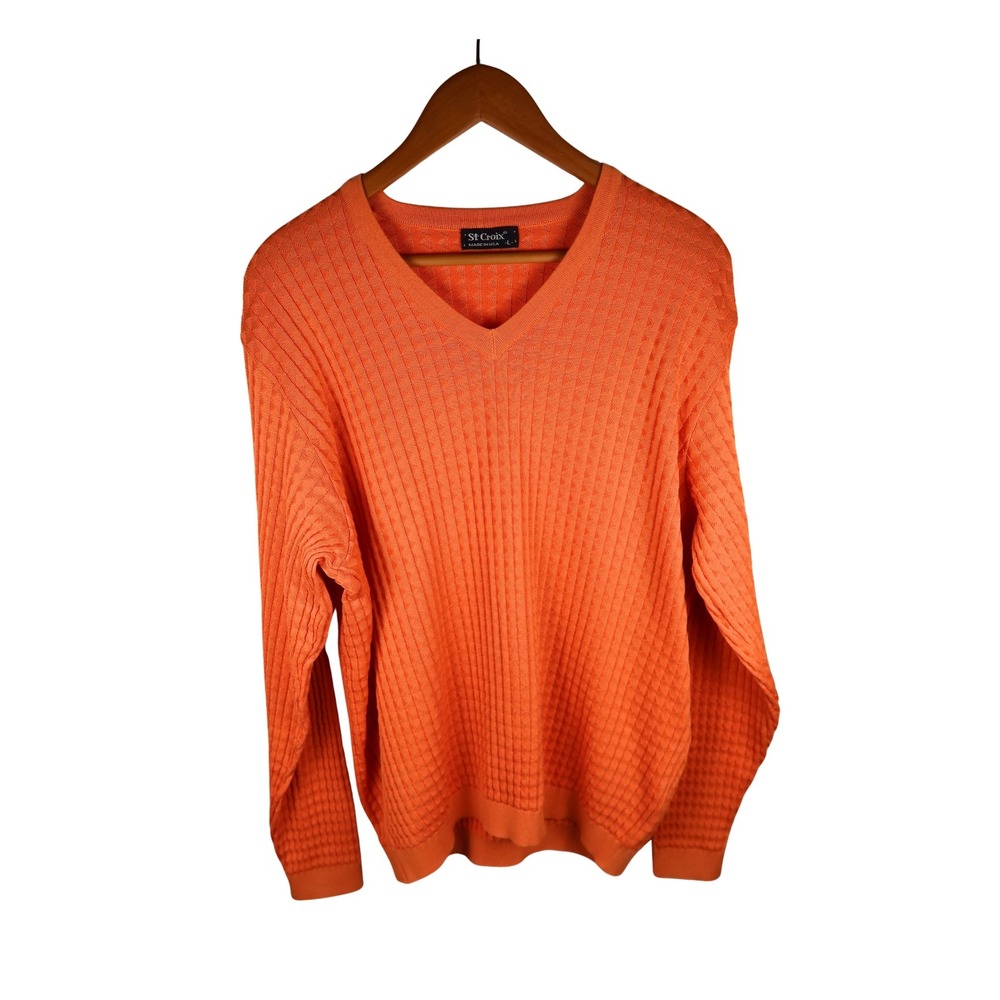 St. Croix Knits Orange V-Neck Textured Sweater Made in USA Large Excellent
